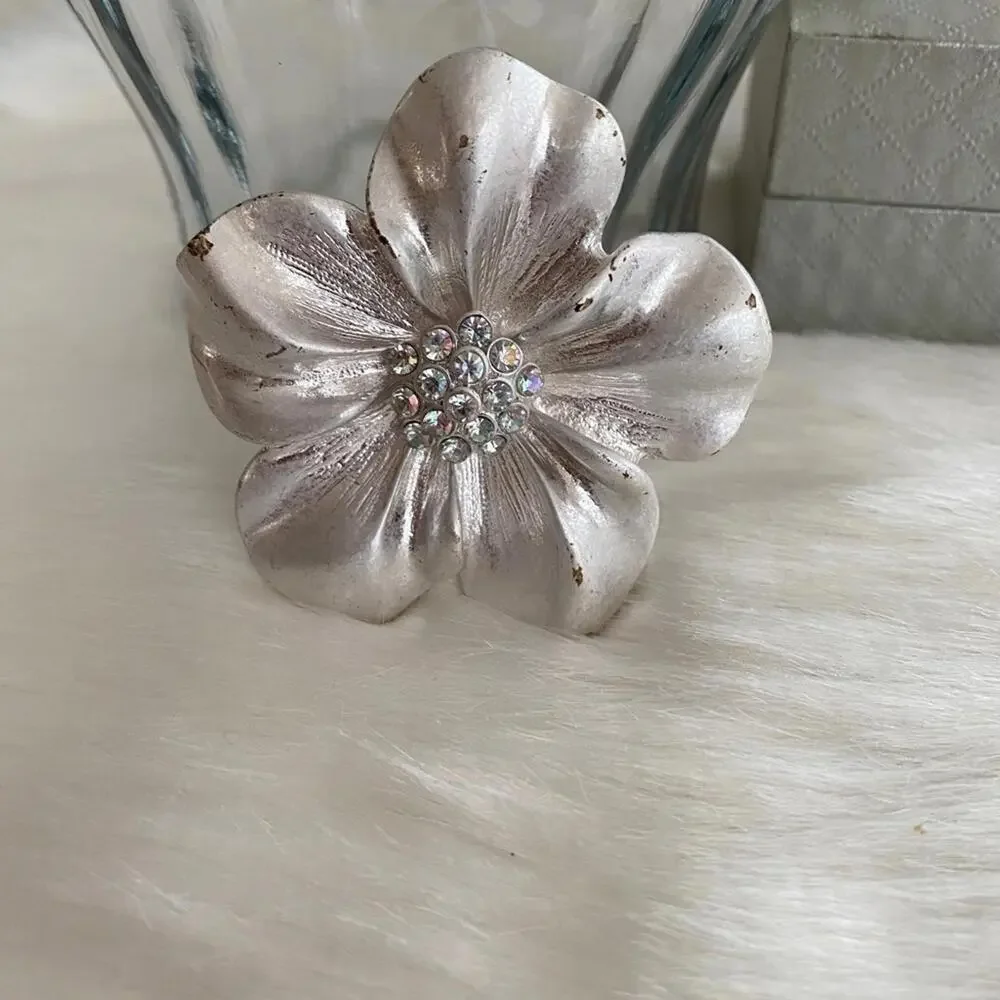 Silver Flower Brooch with Rhinestone Accents